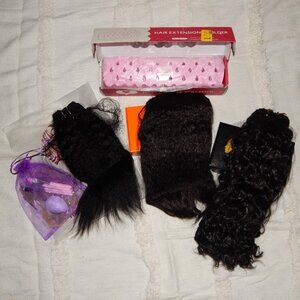 Black Extensions - Human & Pure Protein Silk Bundle - 14" 16" 18" Plus Holder